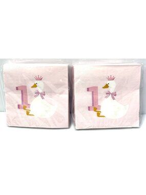 2 Packs Swan 1st Birthday Paper Napkins Pink Floral Gold Crown Party Tableware